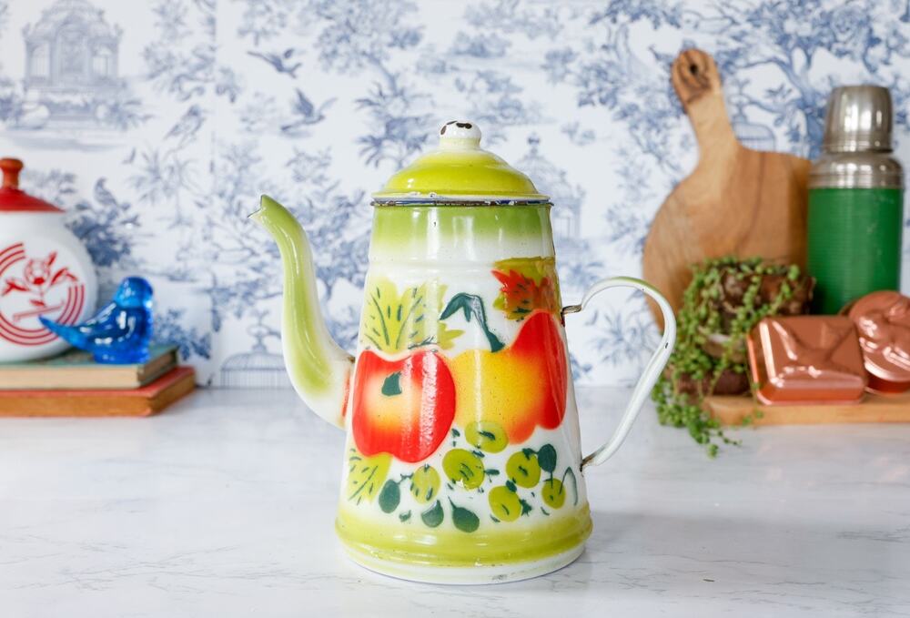 Vintage Fruit Enamelware Coffee Tea Pot MCM Retro Cottage Farm Grandma Tea Party